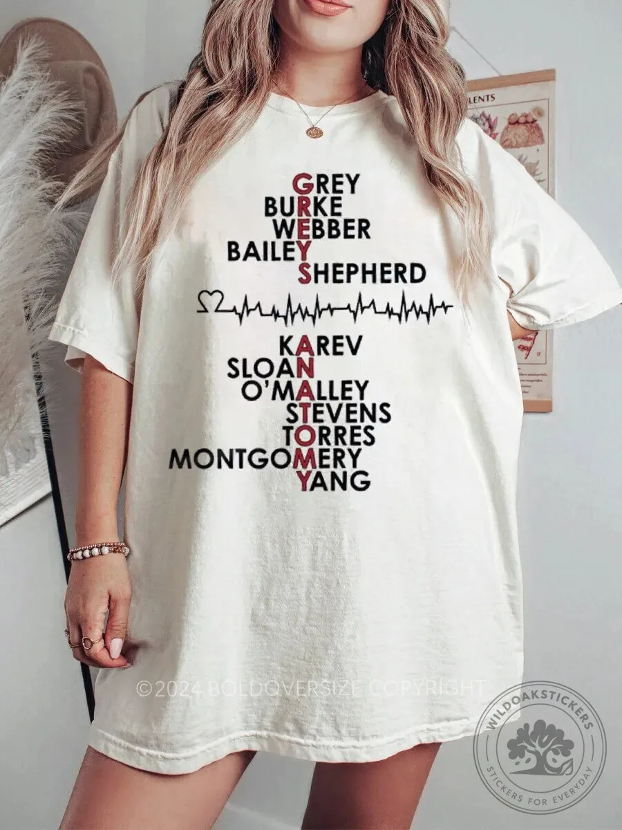 Grey's Anatomy Character Names Heartbeat Line Graphic T-Shirt