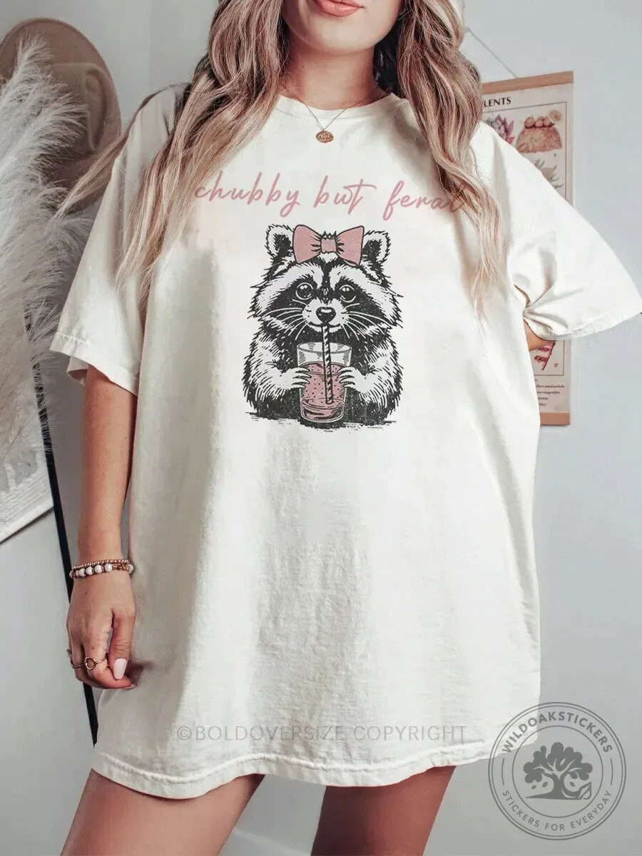 Chubby But Feral Raccoon Drinking Cocktail Funny Women's T-Shirt