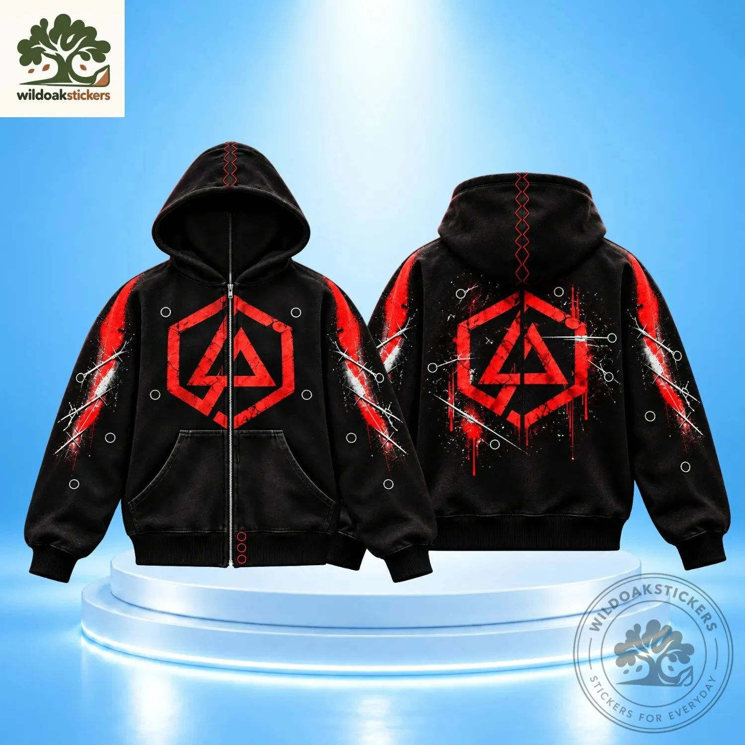 Linkin Park Hexagonal Logo Red Black High Zip Up Masked Hoodie