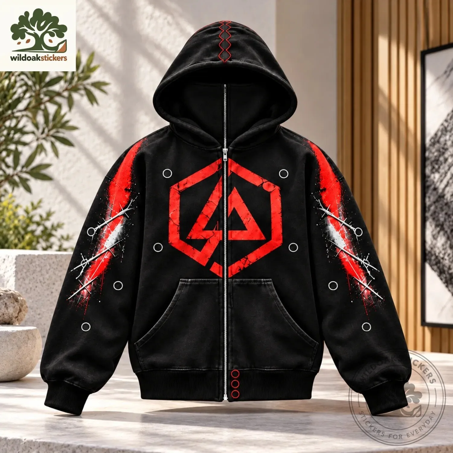 Linkin Park Hexagonal Logo Red Black High Zip Up Masked Hoodie 4 Linkin Park Hexagonal Logo Red Black High Zip Up Masked Hoodie