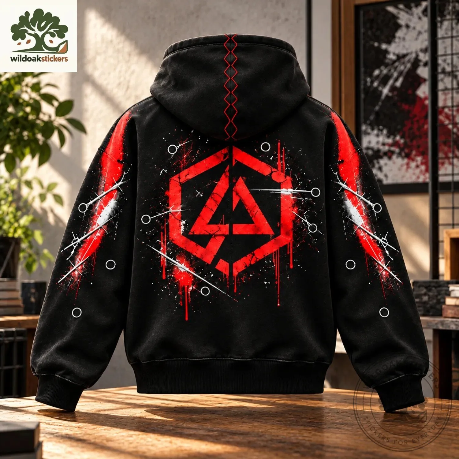 Linkin Park Hexagonal Logo Red Black High Zip Up Masked Hoodie 5 Linkin Park Hexagonal Logo Red Black High Zip Up Masked Hoodie